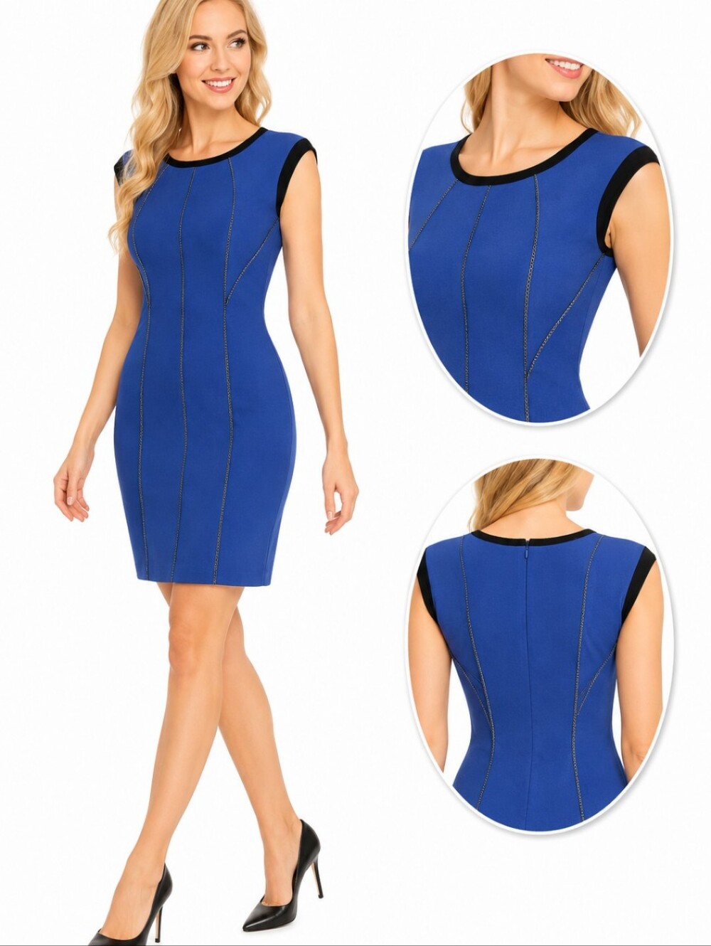 Rebecca Taylor Blue Silk Blend Sheath Dress Chain Detail Contrast Trim Sz 4